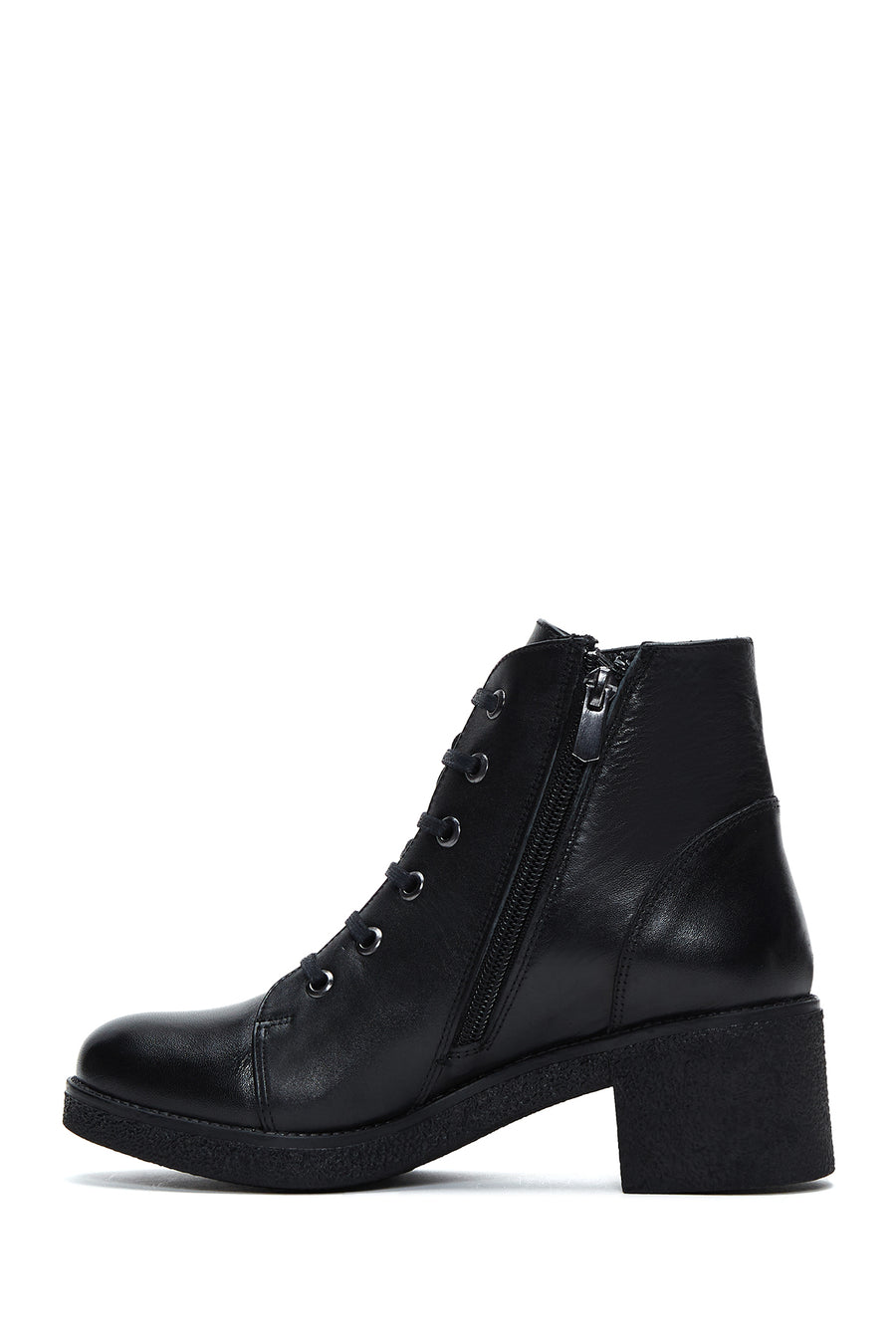 Woman Black Zippered Chunky Heels Leather Casual Boots