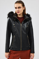Meggy Women's Black Hooded Collar Fur Regular Leather Jacket | Derimod