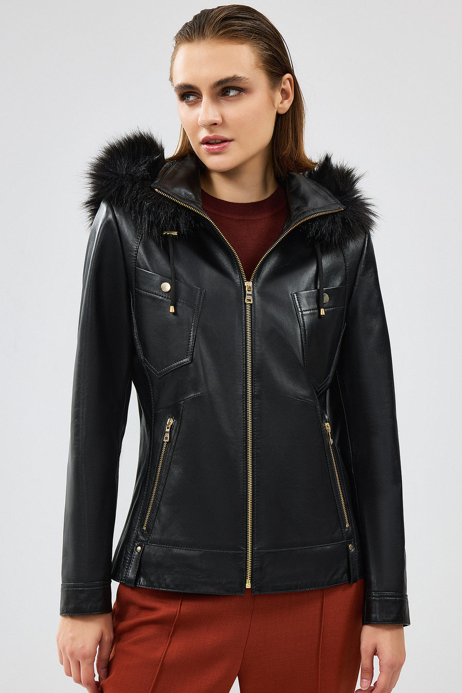 Meggy Women's Black Hooded Collar Fur Regular Leather Jacket 24WGE52101M | Derimod