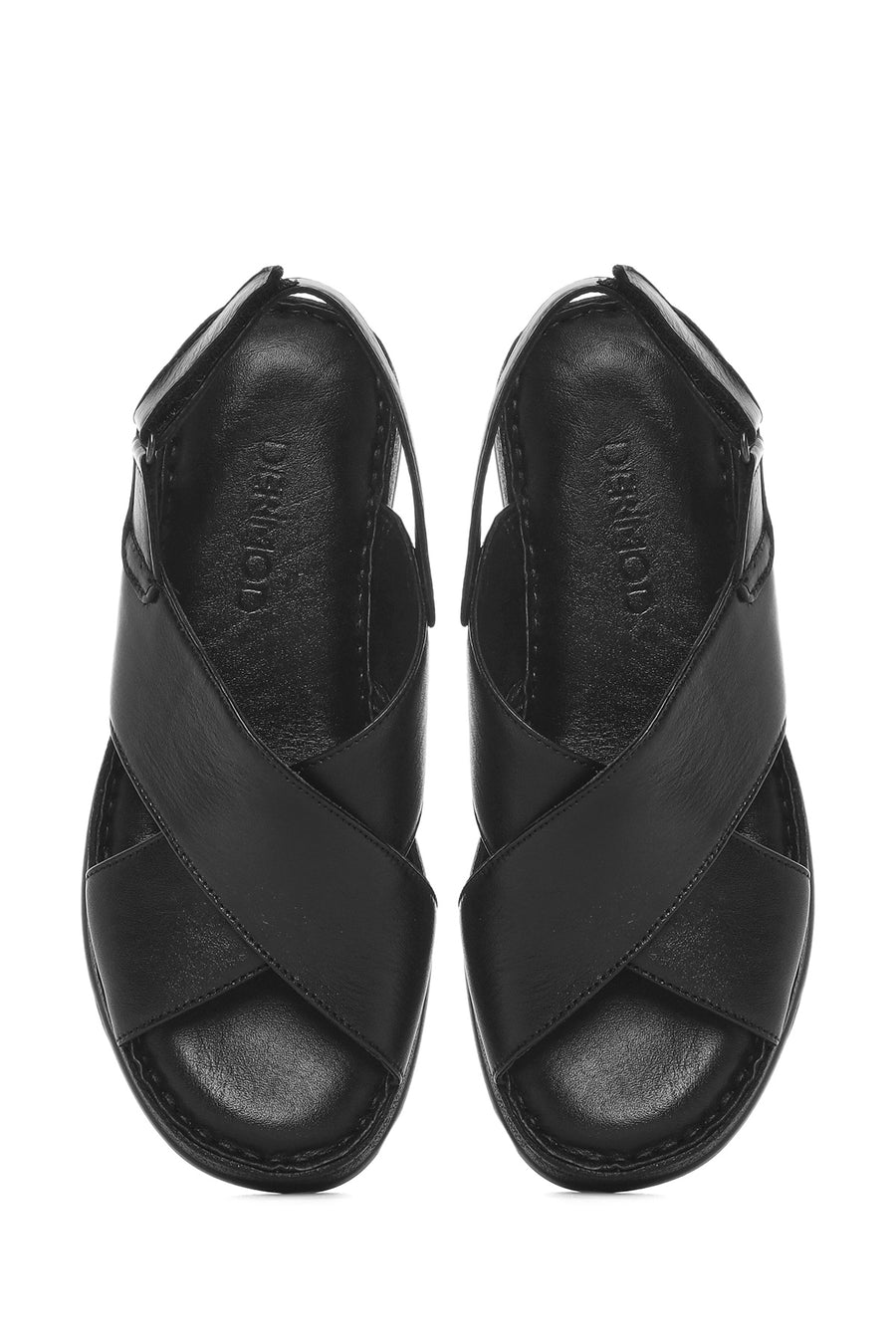 Women's Black Strappy Thick Soled Leather Comfort Sandals