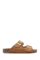 Women's Tan Double Buckle Suede Leather Slippers | Derimod
