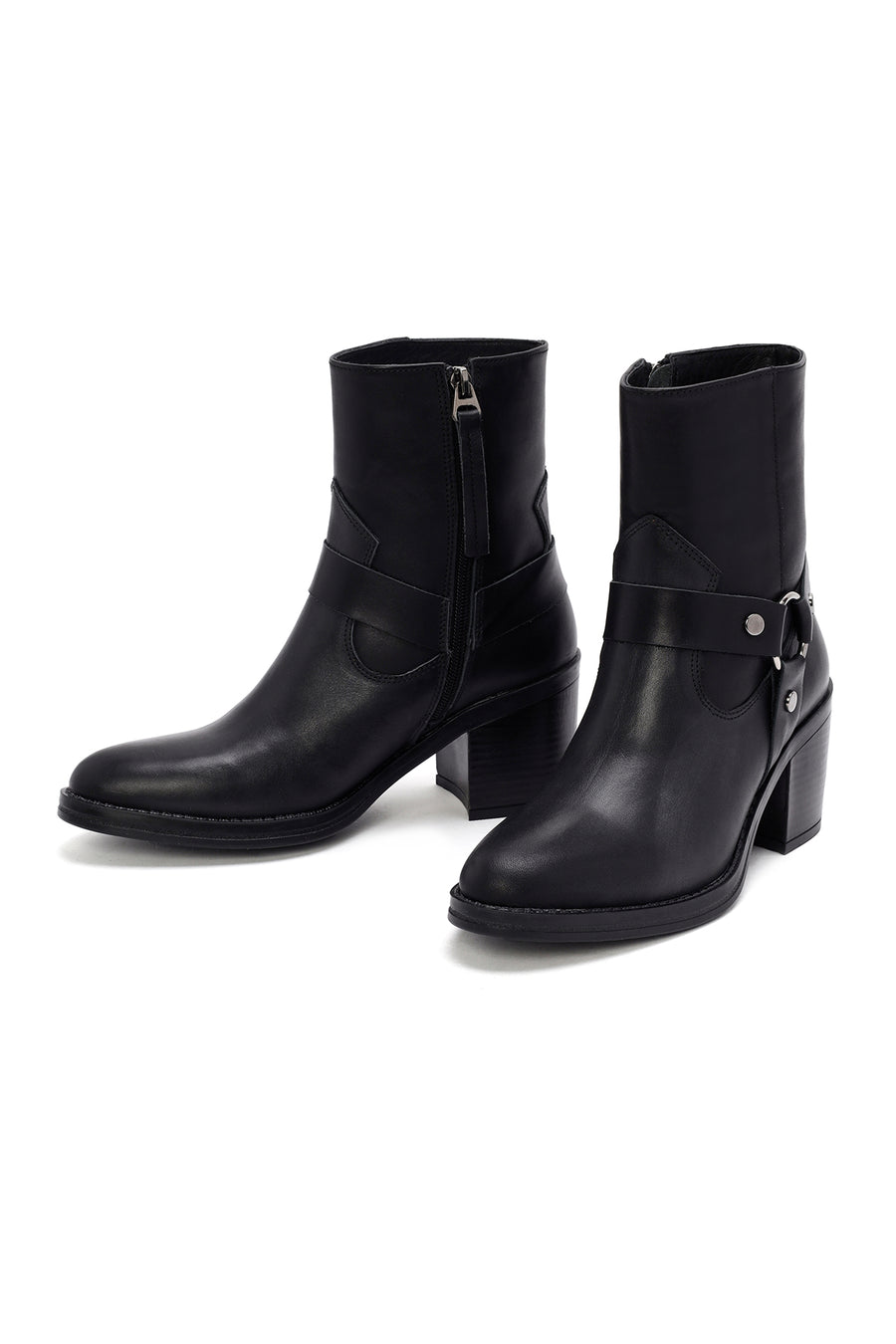 Women's Black Heeled Zippered Leather Boots