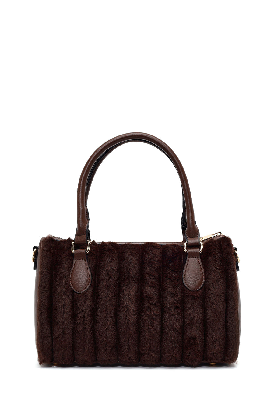 Woman Brown Long-Strap Accessorized Plush Shoulder Bag