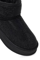 Woman Black Thick-Soled Embellished Leather Teddy Boots | Derimod