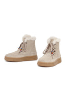 Woman Beige Lace-Up Thick-Soled Suede Leather Teddy Bot | Derimod