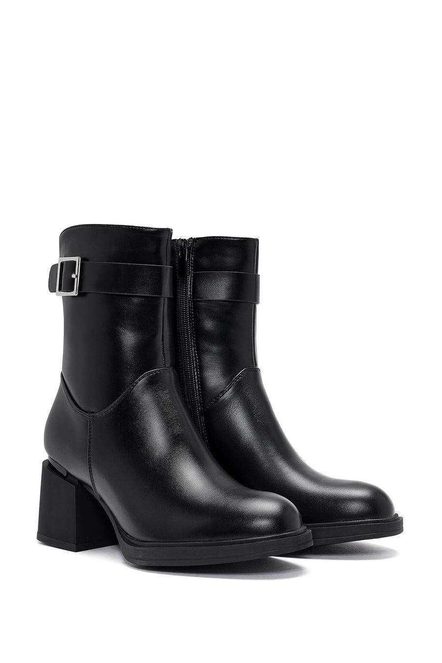 Women's Black Zippered Chunky Heel Boots