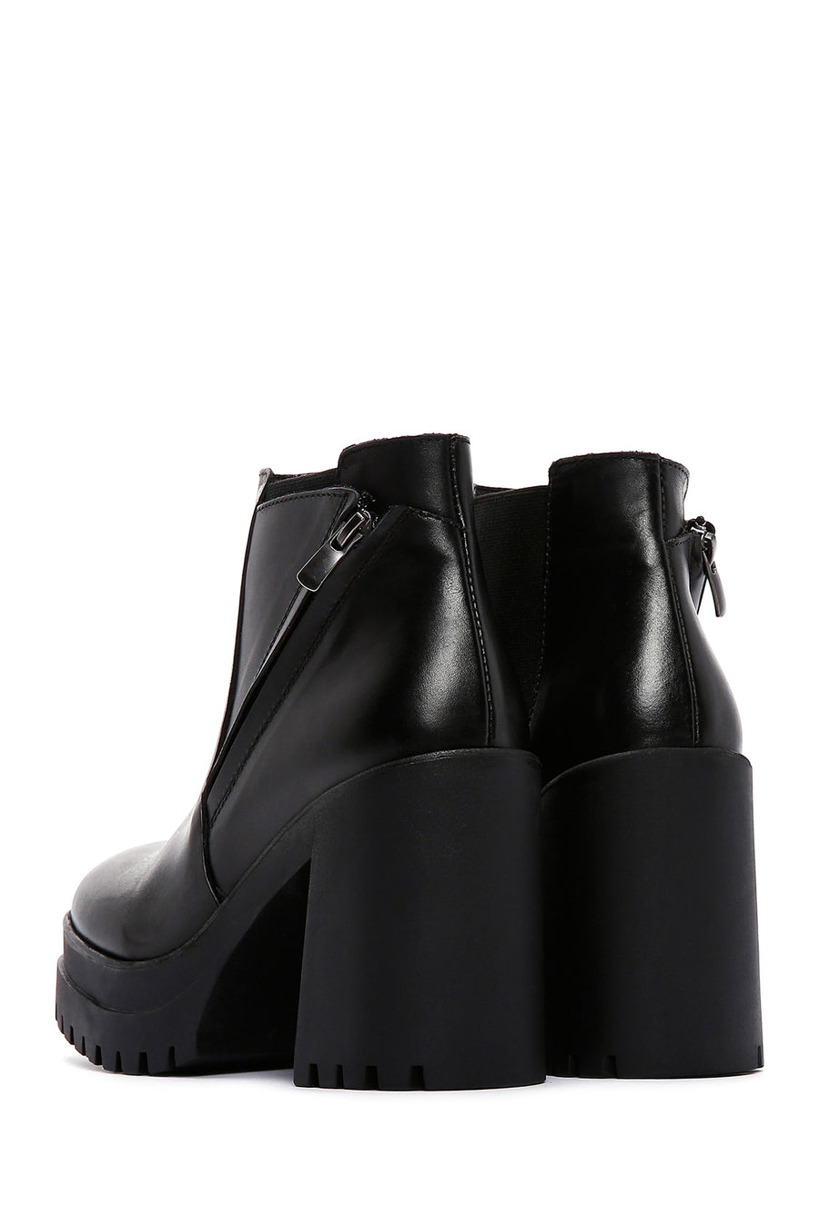 Woman Black Zip Closure Thick-Heeled Leather Boots