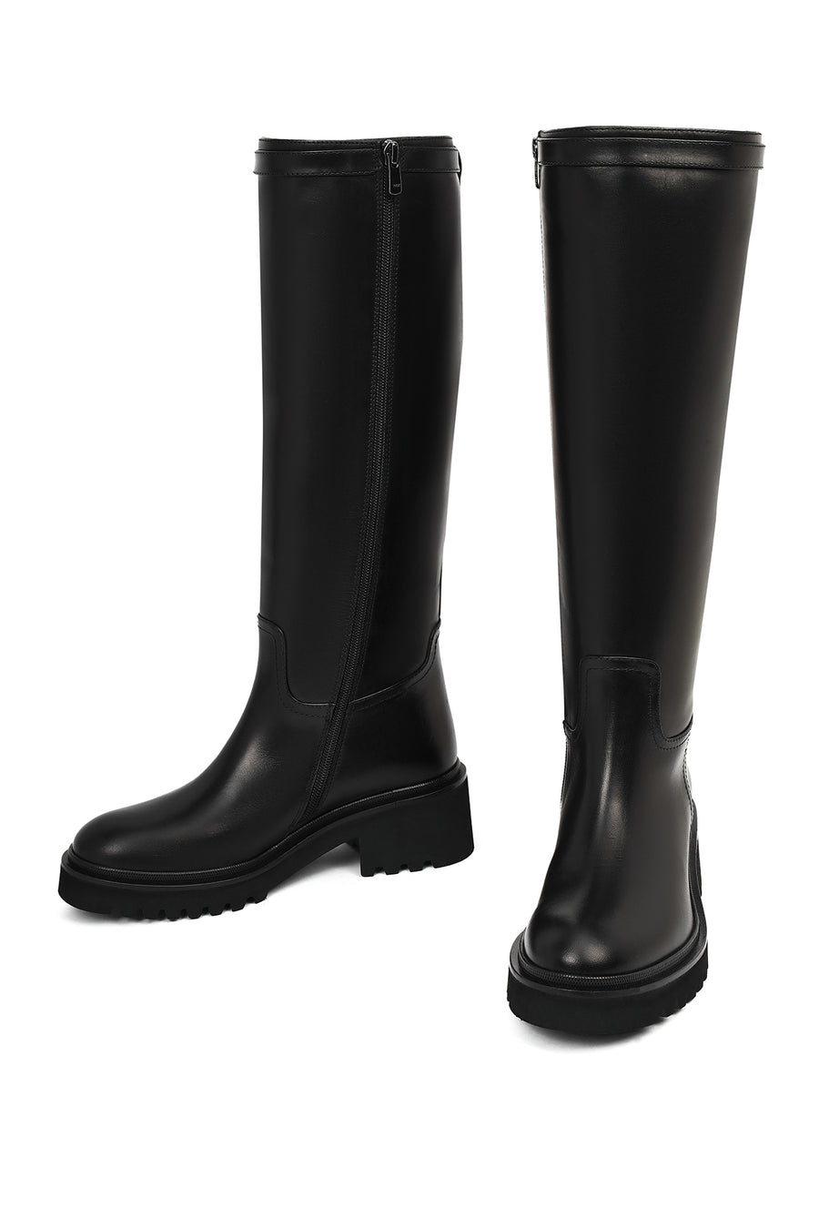 Women's Black Zippered Thick Soled Leather Boots
