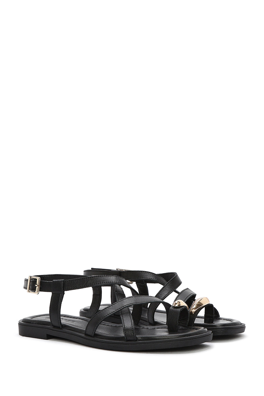 Women's Black Leather Ankle Buckle Sandals