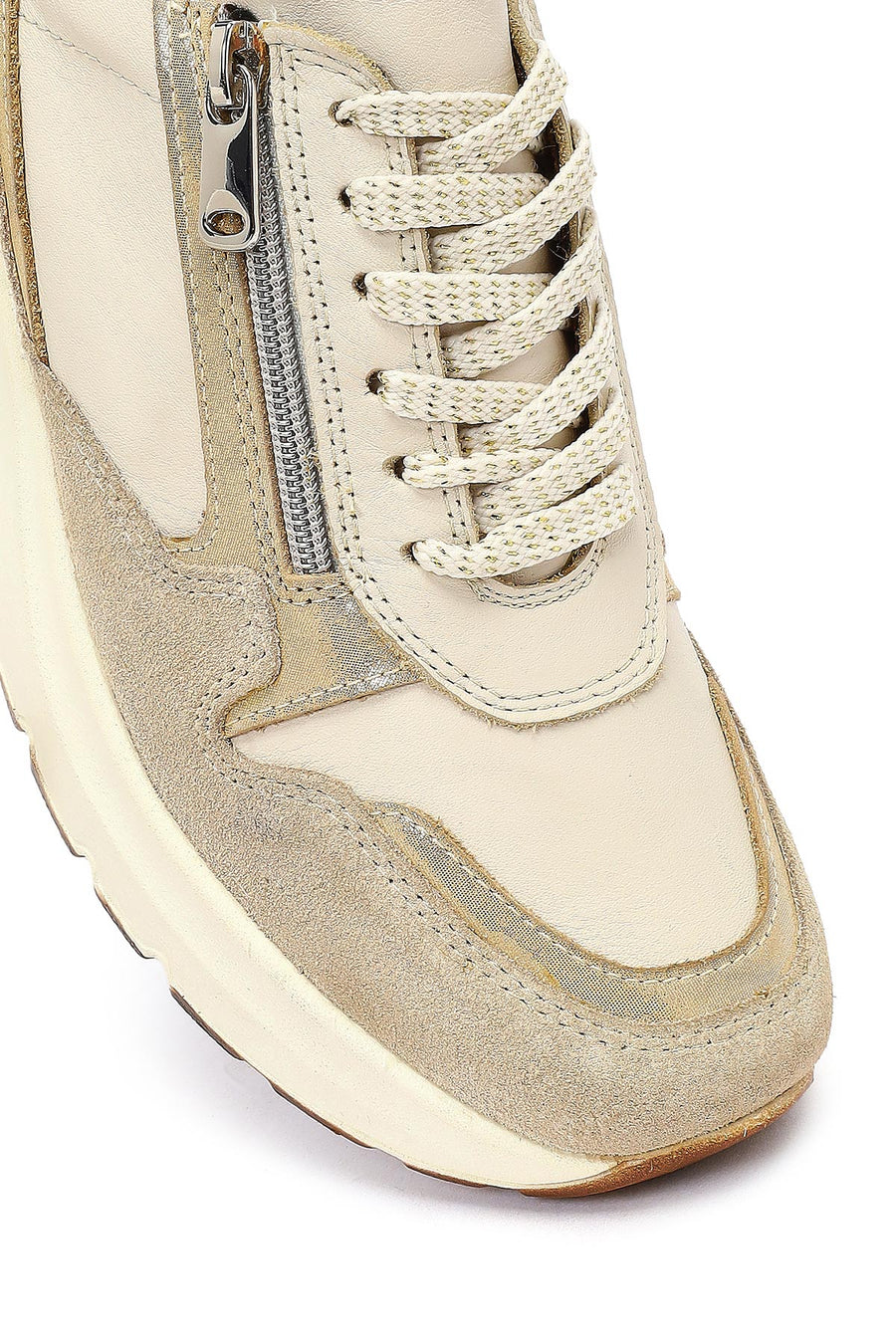 Woman Beige Lace-Up Zipper Detailed Wedge Heels Leather Sneakers
