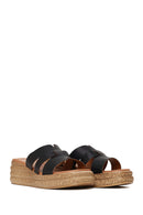 Woman Black Wedge Heeled Leather Slipper | Derimod