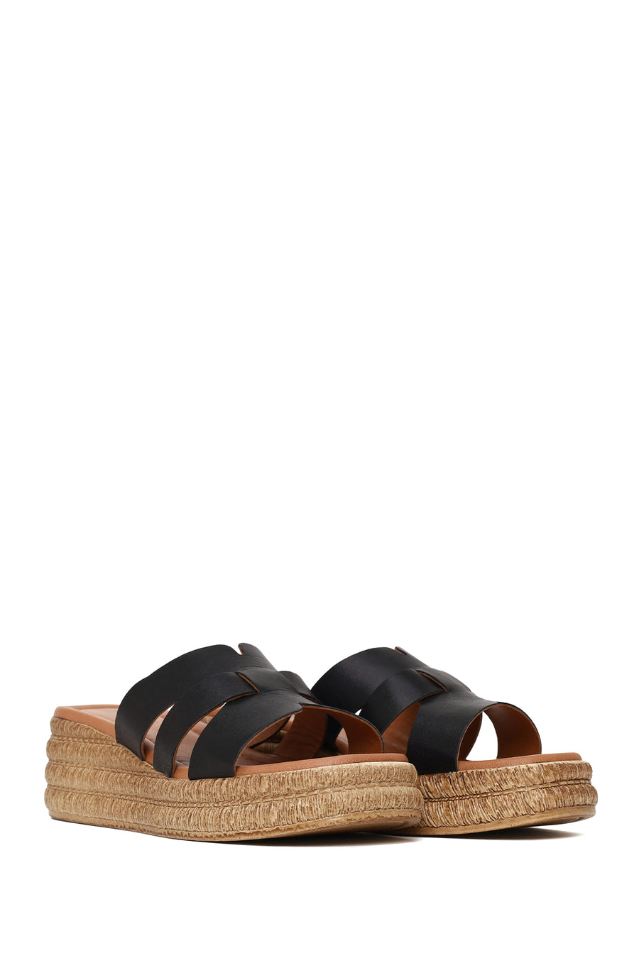 Woman Black Wedge Heeled Leather Slipper