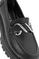 Women's Black Buckle Detailed Leather Masculine Loafer | Derimod