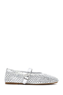 Women's Silver Mesh Stone-Studded Ballet Flats | Derimod