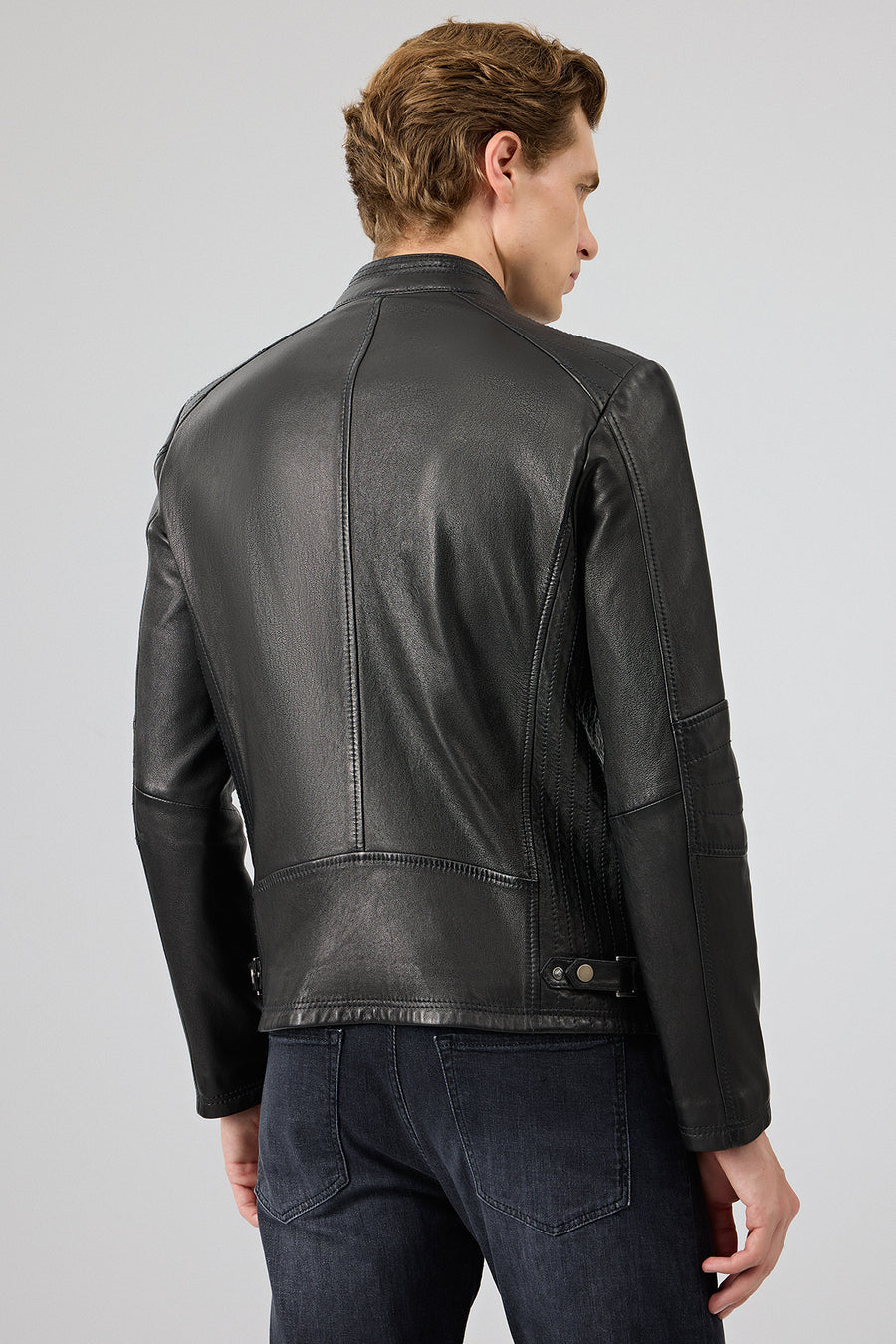Jefferson Men's Black Stand Collar Slim-Fit Leather Jacket