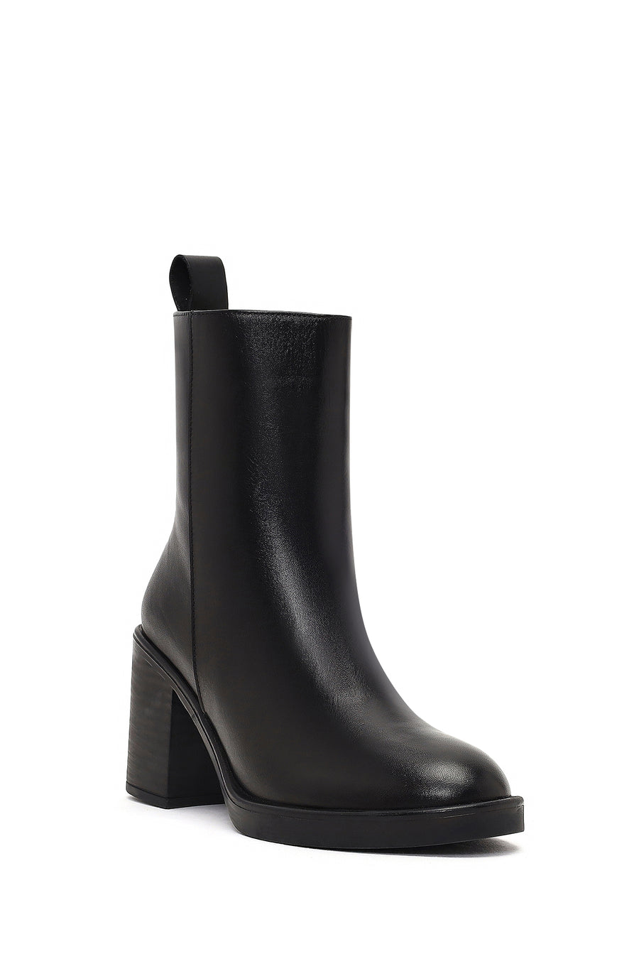 Woman Black Zip Closure Thick-Heeled Leather Boots