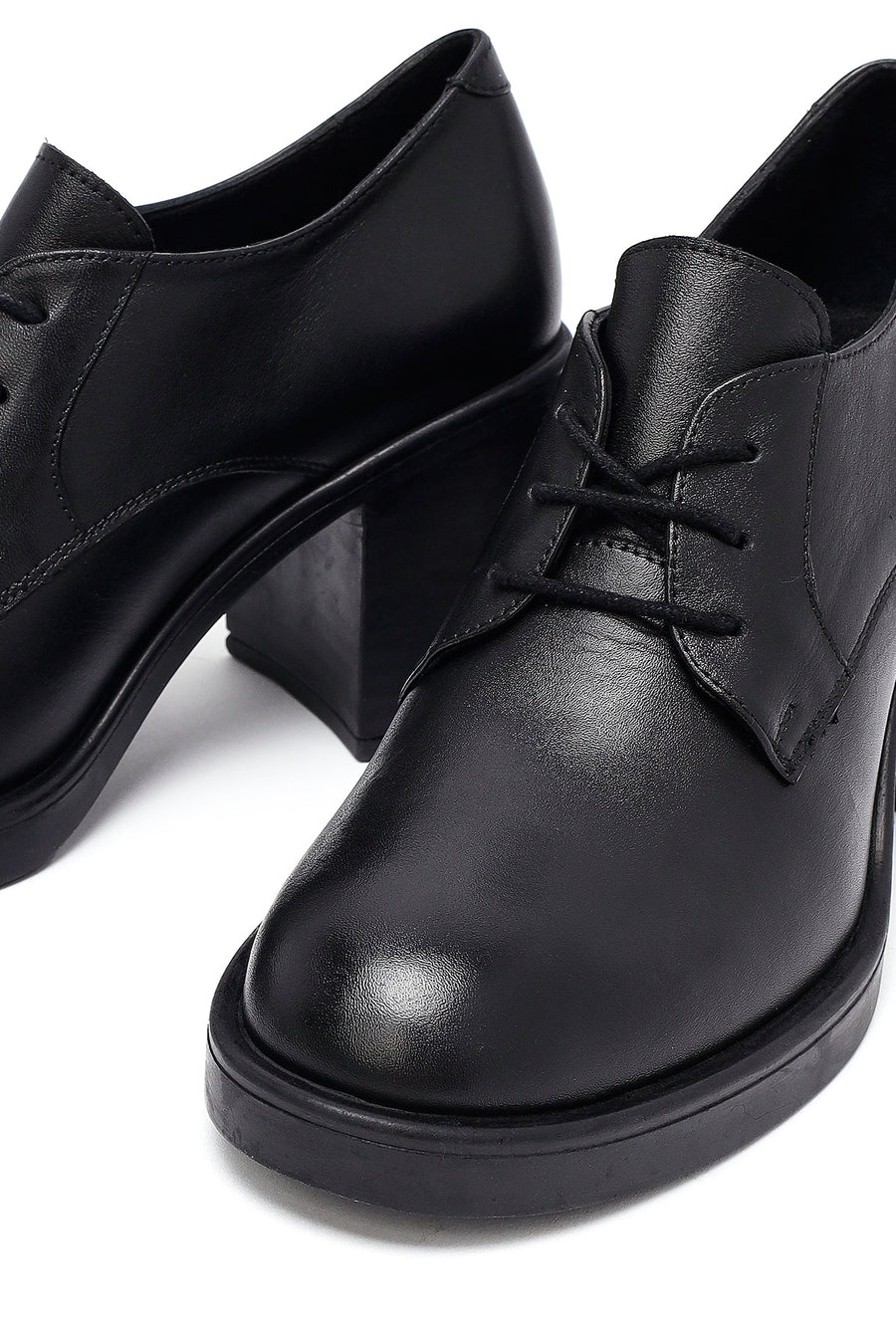 Woman Black Lace-Up Chunky Heeled Leather Masculine Shoes