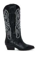Women's Black Patterned Leather Cowboy Boots | Derimod