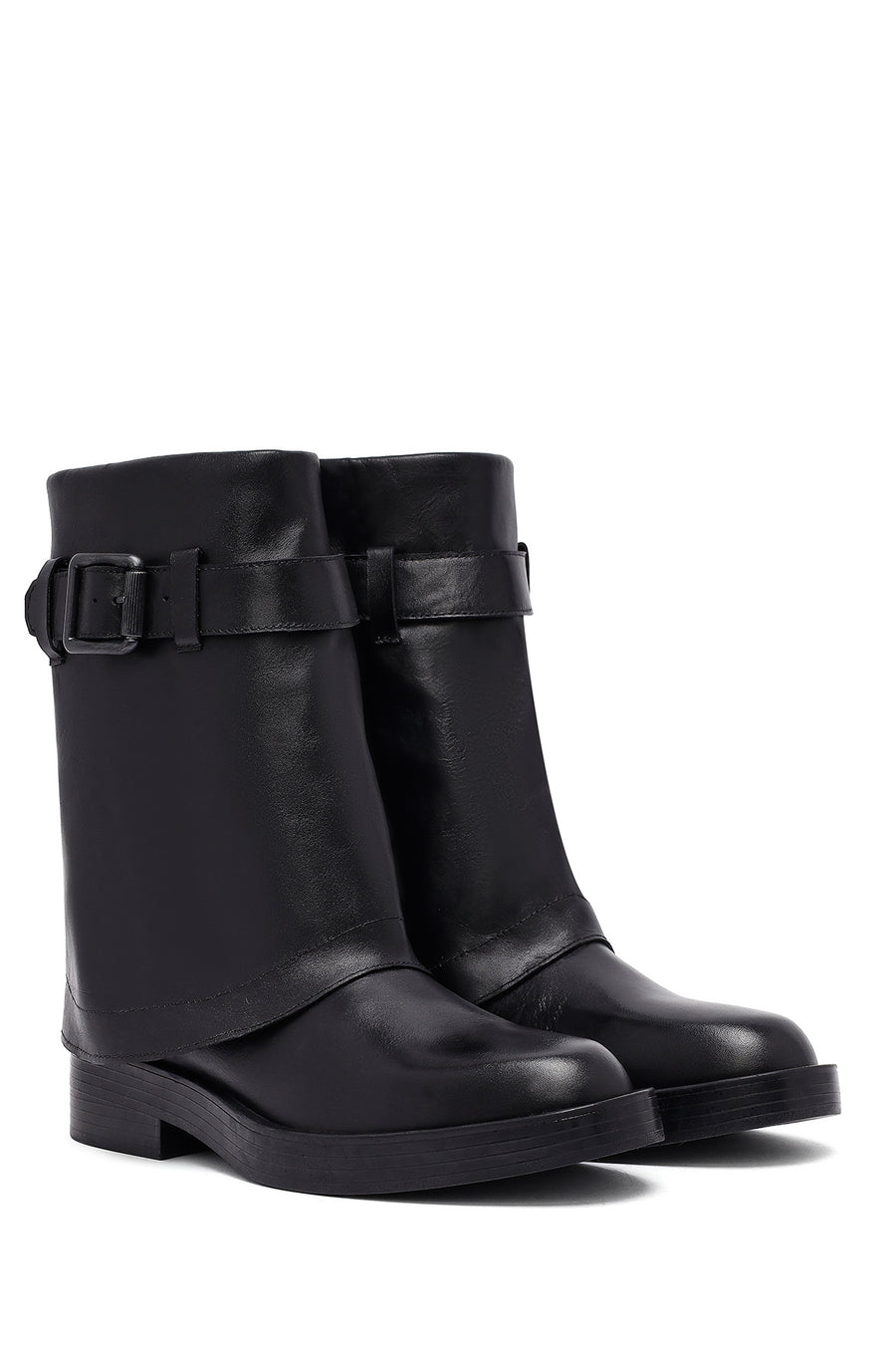 Women's Black Buckled Biker Leather Boot