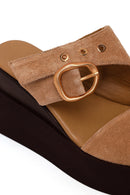 Woman Beige Buckled Wedge Heel Suede Slipper | Derimod