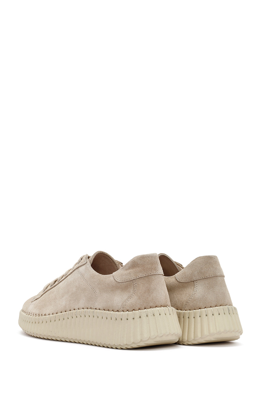 Women's Beige Lace-Up Chunky Sole Suede Leather Sneakers
