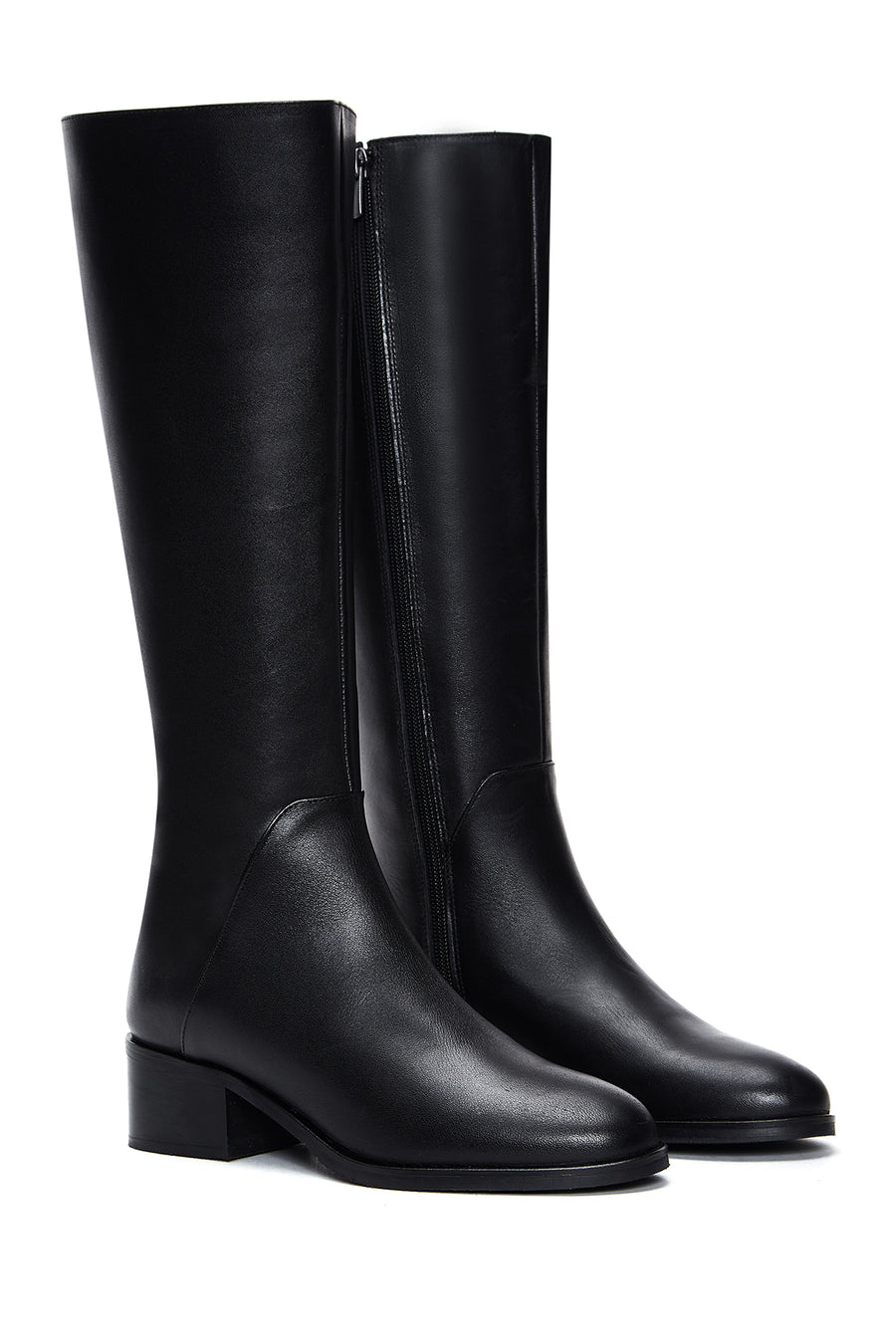 Woman Black Zip Closure Short Thick-Heeled Leather Boot