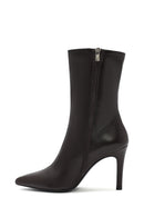 Women's Brown Zippered Thin Heel Leather Boots | Derimod