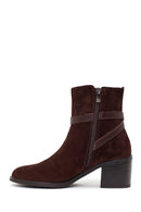 Woman Brown Zip Closure Chunky-Heeled Suede Leather Boots | Derimod