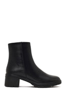 Woman Black Zip Closure Short Thick-Heeled Leather Boots | Derimod