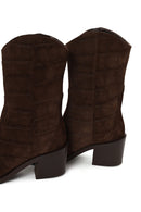 Woman Brown Printed Chunky-Heeled Suede Cowboy Boots | Derimod