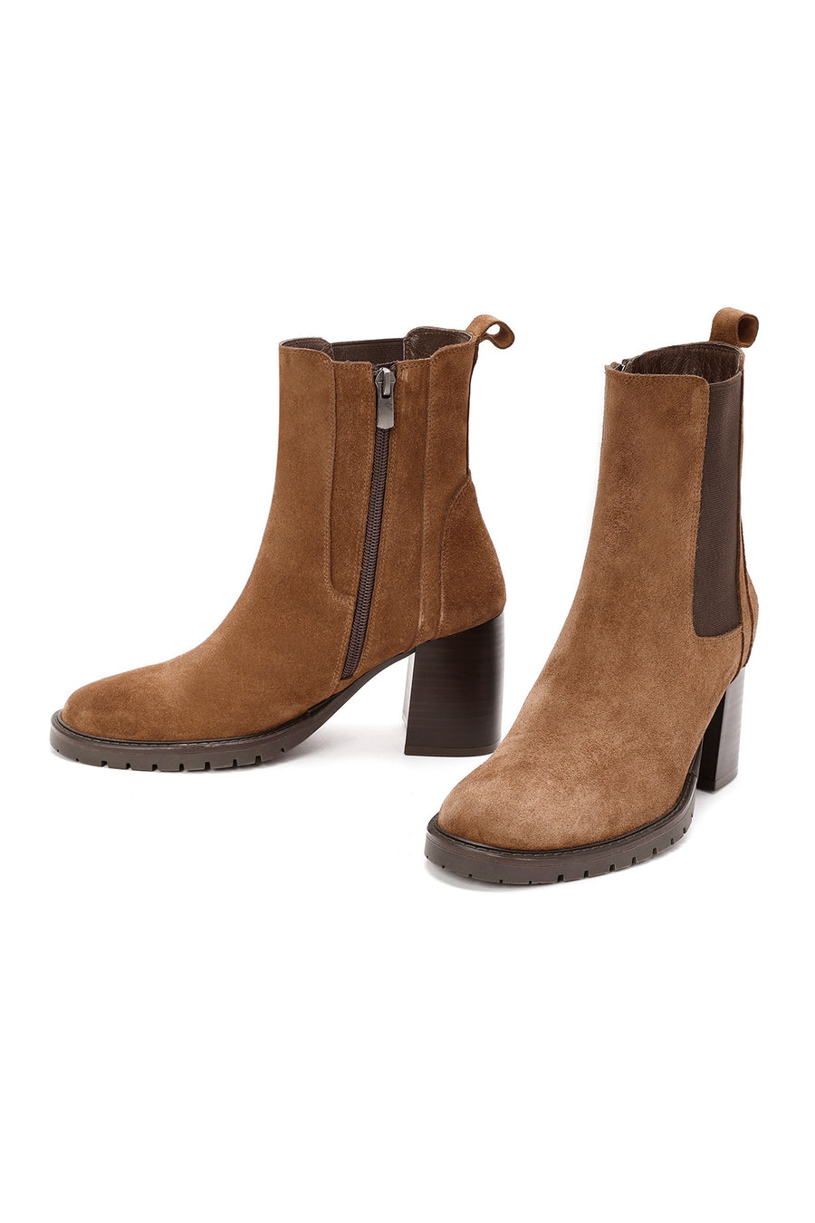 Women's Tan Thick Heeled Suede Leather Chelsea Boots