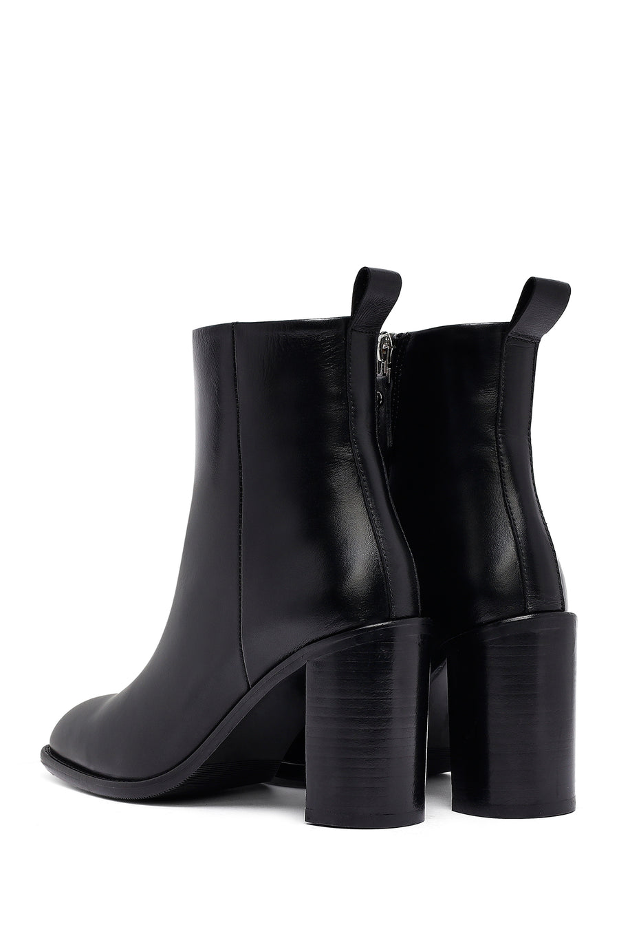 Woman Black Zippered Chunky Heels Leather Boat