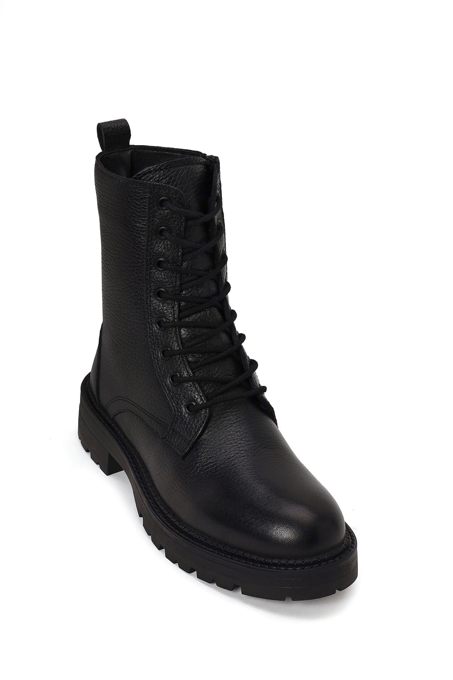 Woman Black Zip Closure Thick-Soled Leather Combat Boots