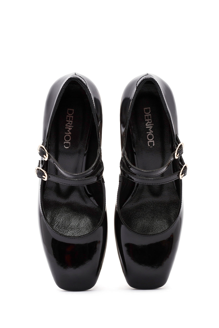 Women's Black Double Buckle Thick Heel Patent Leather Mary Jane Shoes