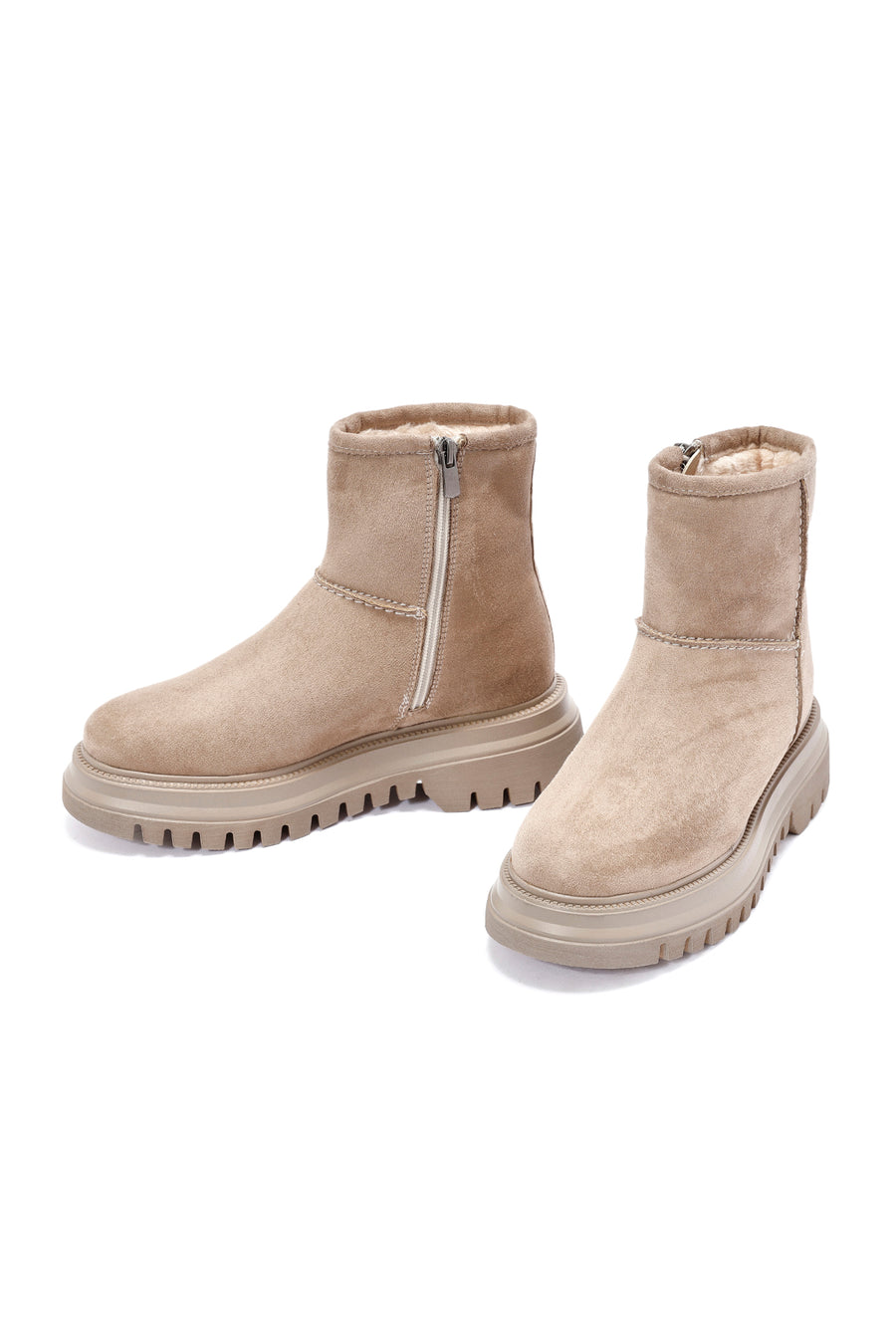 Woman Beige Zippered Suede Boots