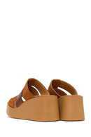 Woman Tan Wedge-Heel Suede Leather Comfort Slippers | Derimod