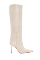 Women's Beige Thin Heeled Leather Boots | Derimod