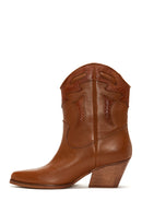Women's Tan Leather Heeled Cowboy Western Boots | Derimod