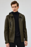 John Men's Green Hooded Leather Jacket | Derimod