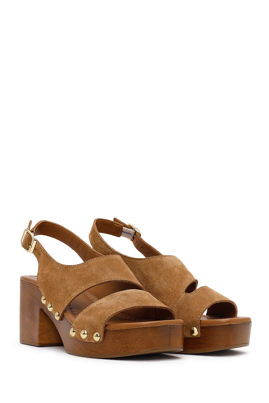 Women's Tan Suede Leather Sandals with Buckle Back and Platform Heel