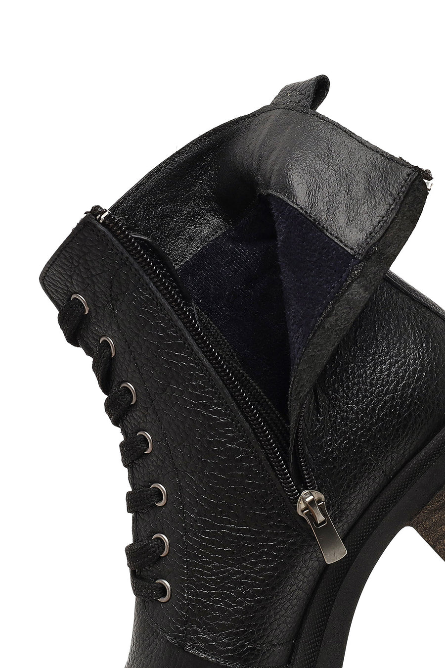 Women's Black Zippered Thick Heeled Leather Combat Boots