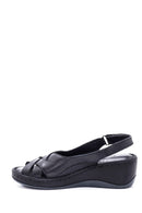 Women's Black Leather Wedge Heel Comfort Sandals | Derimod