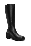 Woman Black Zip Closure Chunky Heeled Leather Boots | Derimod