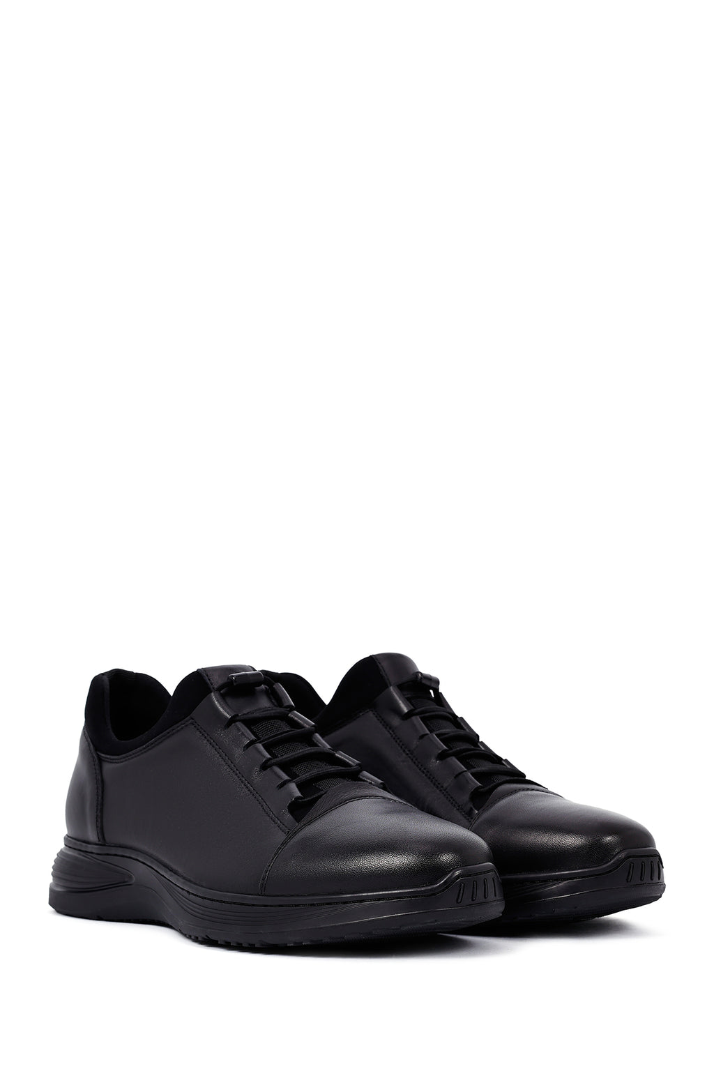 Erkek Siyah Bağcıklı Deri Casual Sneaker