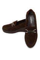 Women's Brown Buckled Wedge Heel Suede Leather Comfort Loafer | Derimod