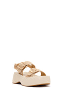 Women's Beige Double Buckle Thick-Soled Braided Sandals | Derimod