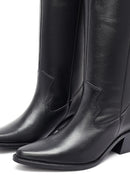Woman Black Thick-Heeled Leather Cowboy Boots | Derimod