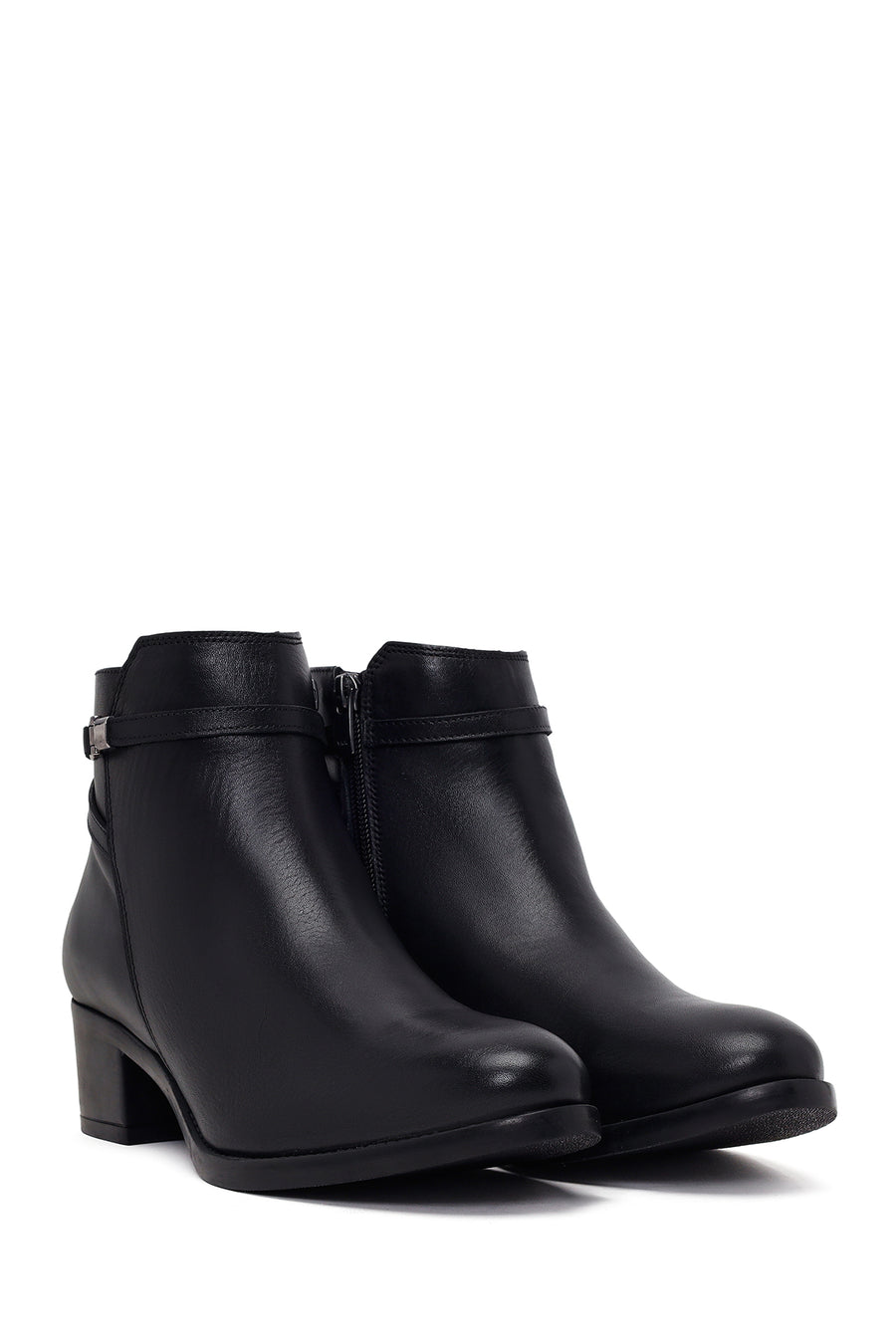 Woman Black Zip Closure Short-Heeled Leather Boots