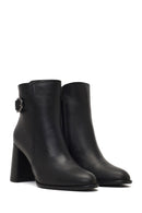 Women's Black Buckled Zippered Thick Heeled Leather Boot | Derimod