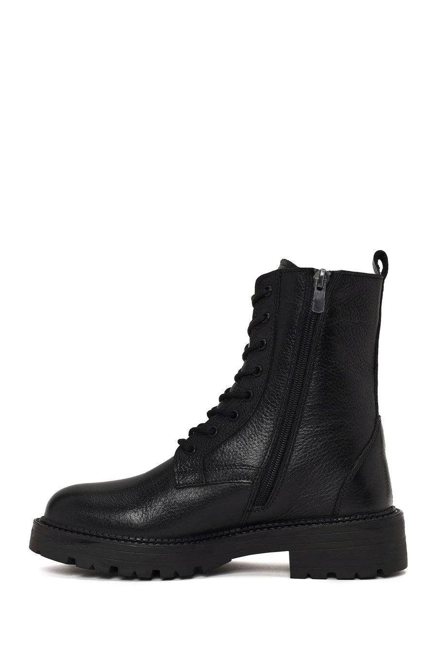 Woman Black Zip Closure Thick-Soled Leather Combat Boots
